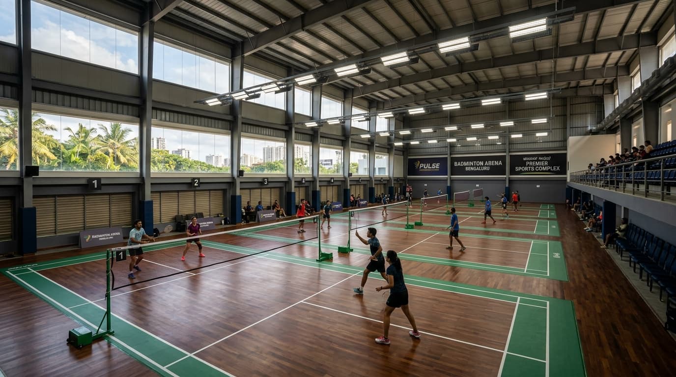 Indoor wooden badminton courts with bright lighting