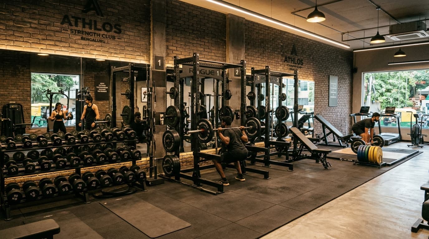 Strength training space with barbells and lifting platforms